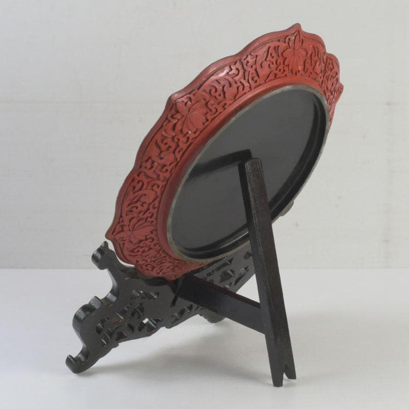 中国　剔紅　堆朱　雲龍文盤　輪花皿　飾皿　皿立付　M　9776