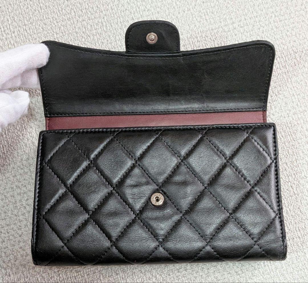 シャネル　マトラッセ　黒　三つ折り長財布　ラムスキン　シルバーココ　チェーン