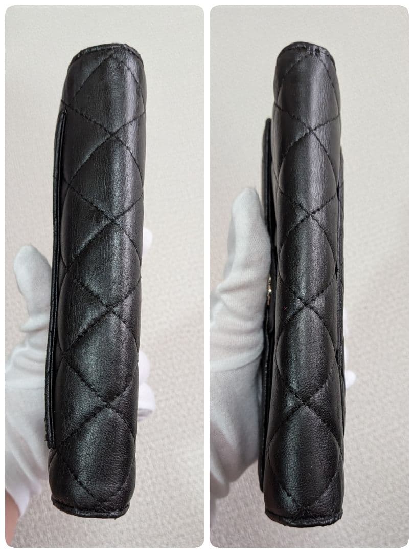 シャネル　マトラッセ　黒　三つ折り長財布　ラムスキン　シルバーココ　チェーン