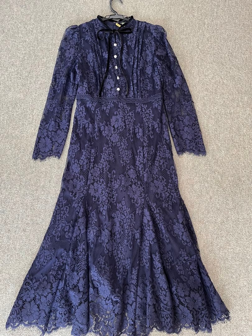 セルフォード ボウタイレースワンピース リボン 38 紺 長袖