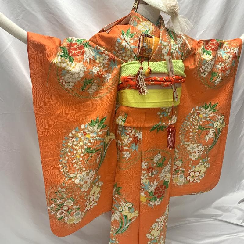 504ag84しごき,帯締め,帯揚げ□七五三 七歳 女児 着物&袋帯 金彩 花