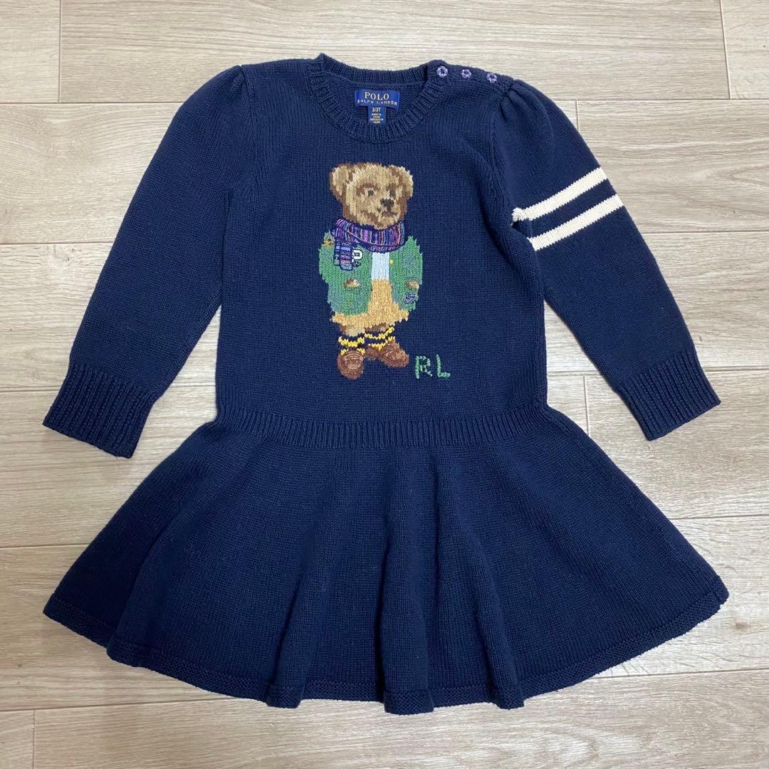 ポロラルフローレン　キッズ100 ポロベア　クマ　ネイビー　長袖ニットワンピース