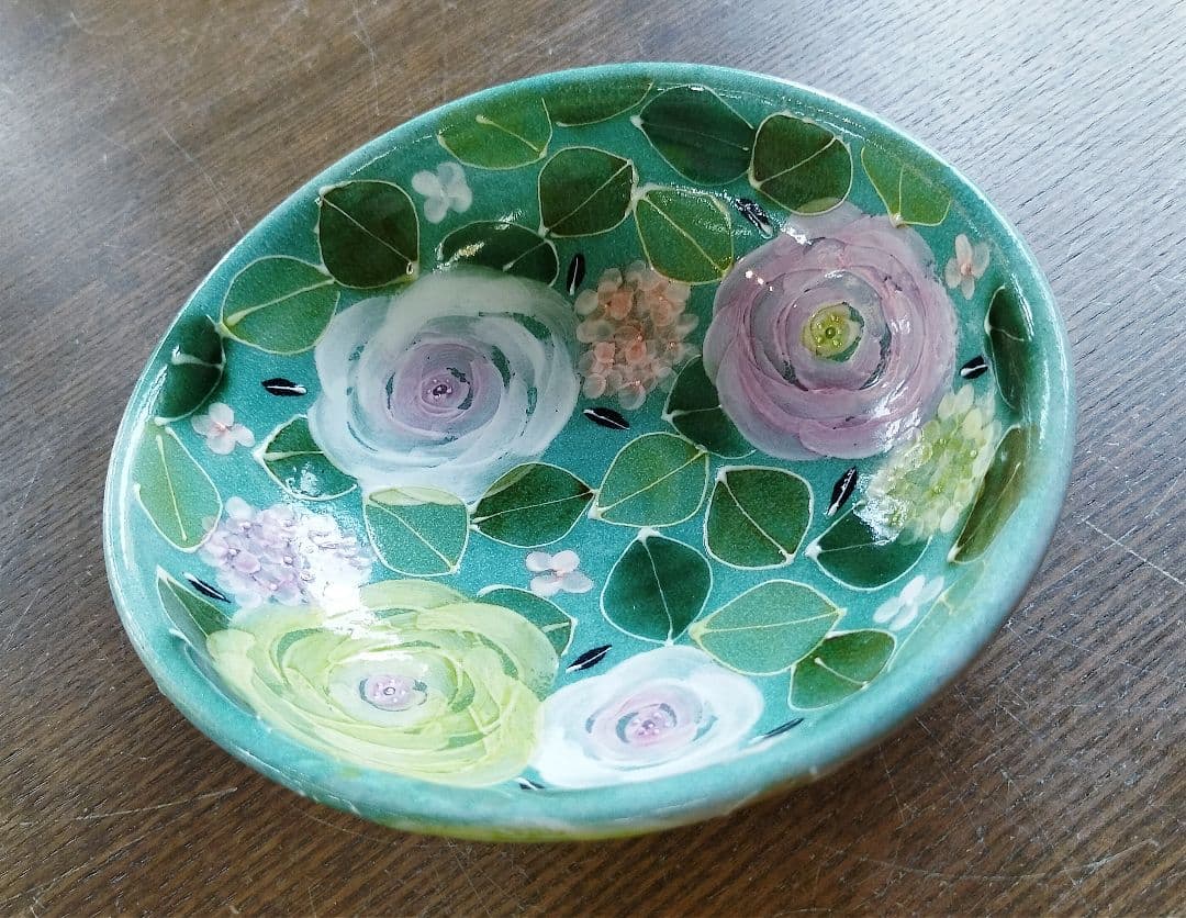 【新品・未使用】工房ゆずりは　緑彩ローズ　おしゃれ鉢　スープ碗　陶器　鉢　食器