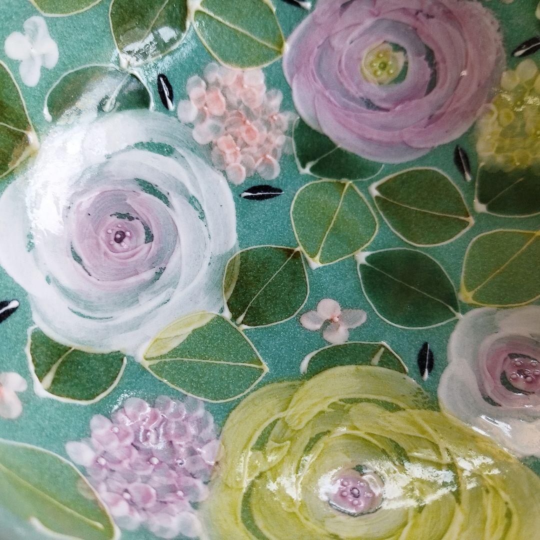 【新品・未使用】工房ゆずりは　緑彩ローズ　おしゃれ鉢　スープ碗　陶器　鉢　食器