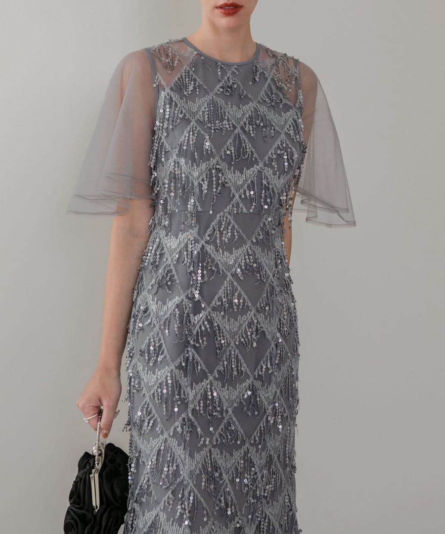 leja チュールスリーブスパンコールマーメイドワンピースドレス