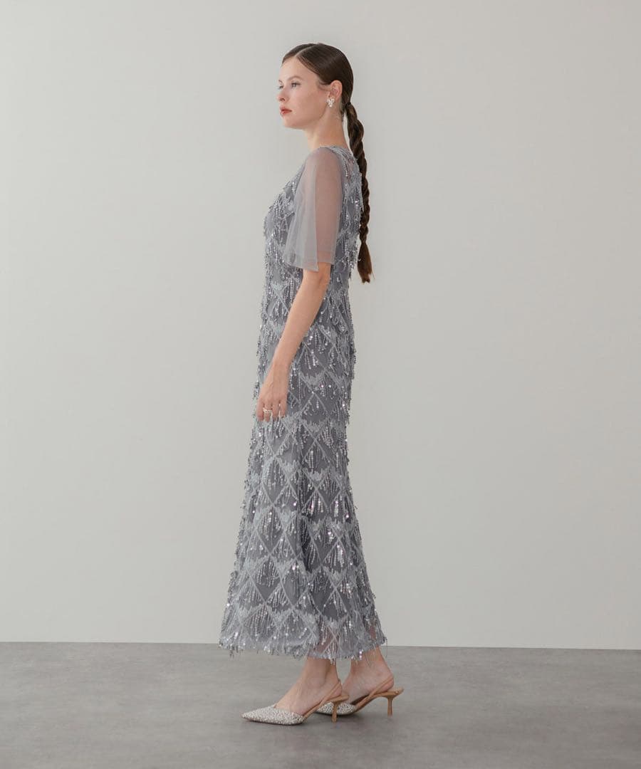 leja チュールスリーブスパンコールマーメイドワンピースドレス