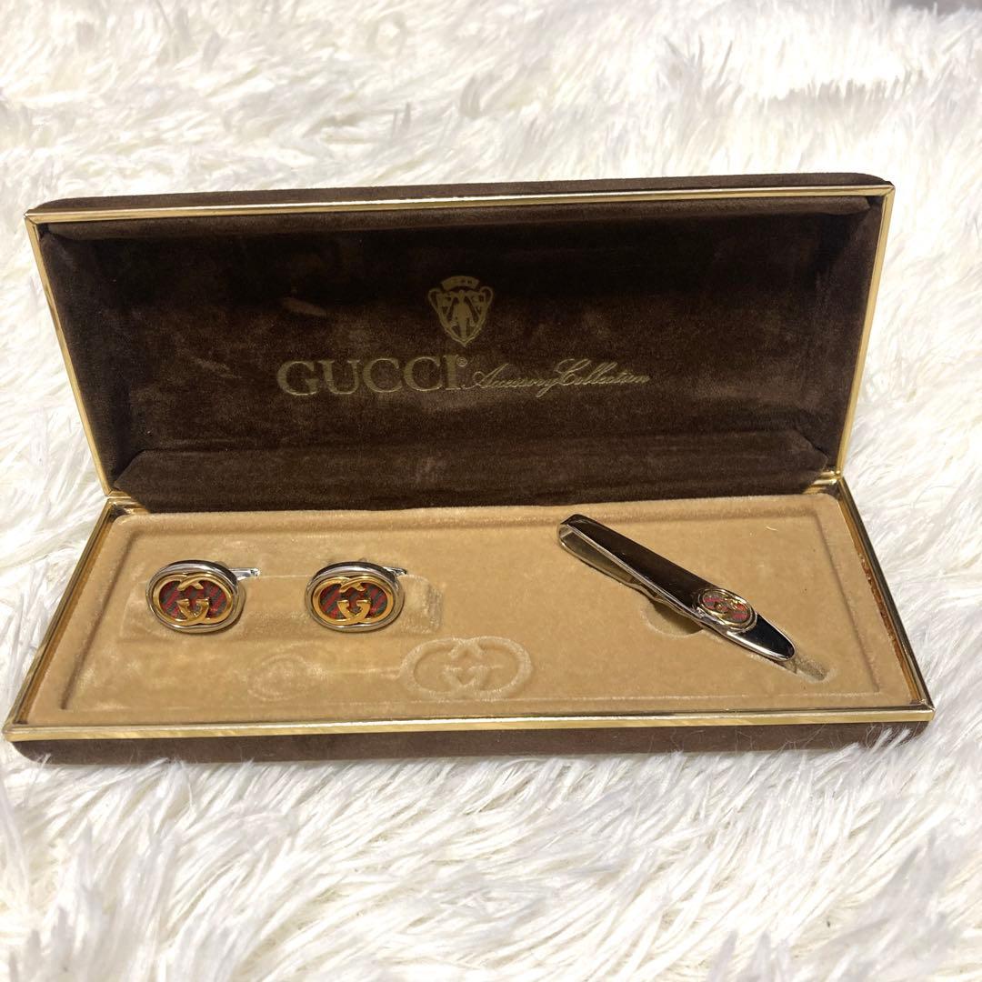 希少【美品】GUCCI カフス&タイピンセット　シェリーライン　グッチ　シルバー