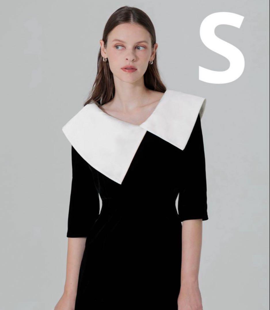 Leja　配色アシンメトリービッグカラーベロアマーメイドシルエットドレス　S