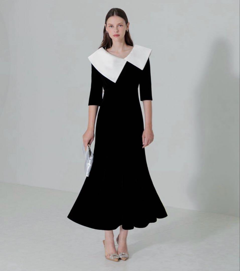 Leja　配色アシンメトリービッグカラーベロアマーメイドシルエットドレス　S