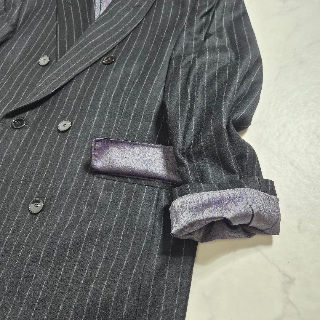 【美品 XL～2XL相当】 ダブルチェスターコート ペイズリー マキシ丈 黒