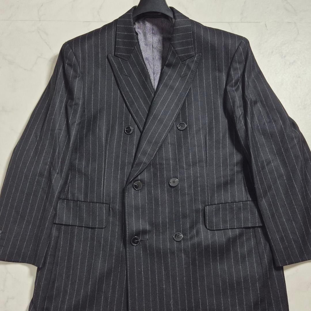 【美品 XL～2XL相当】 ダブルチェスターコート ペイズリー マキシ丈 黒