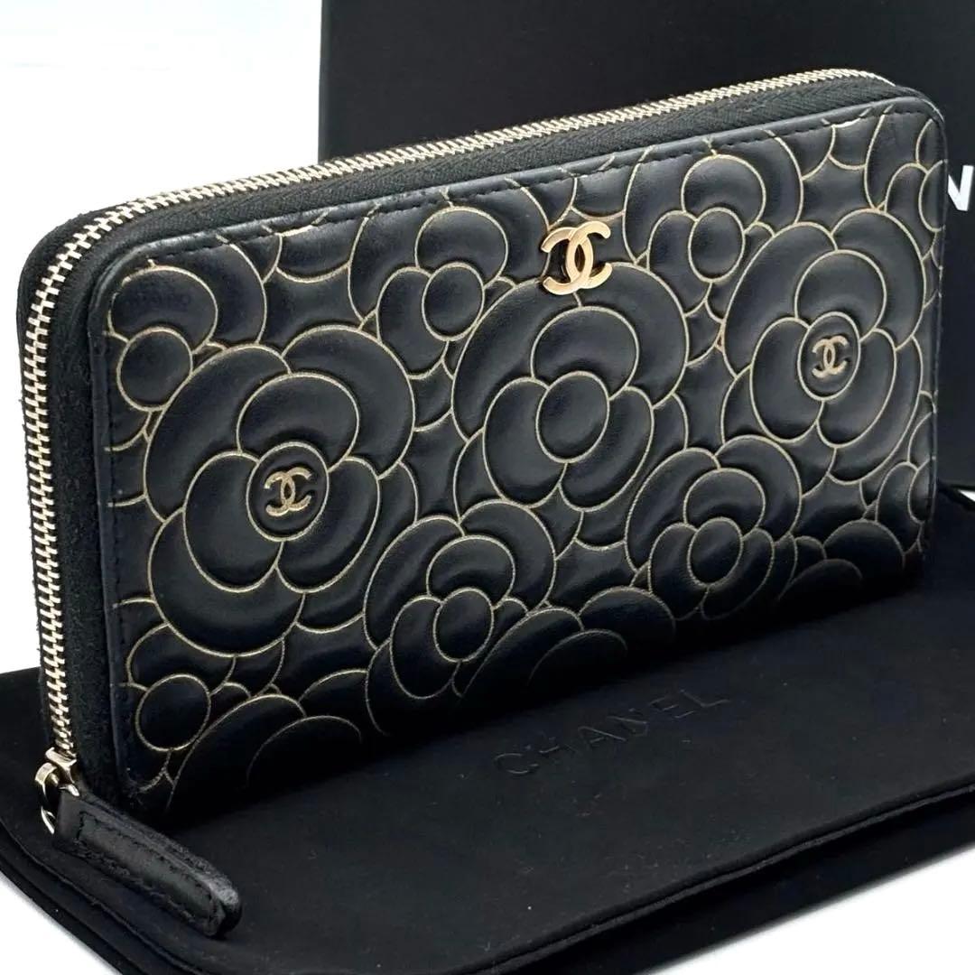 希少 シャネル 箱袋付き カメリア ラウンドファスナー 長財布 黒 ゴールド