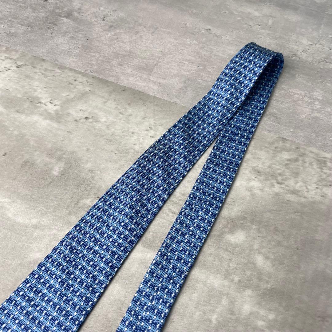 美品 HERMES エルメス H柄 総ロゴ ネクタイ ブルー 青 水色
