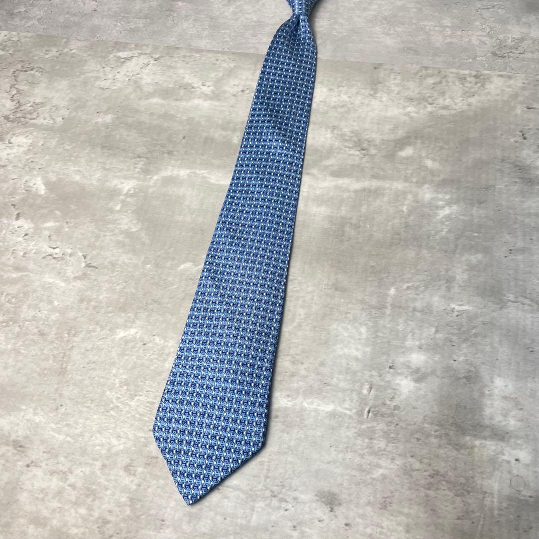 美品 HERMES エルメス H柄 総ロゴ ネクタイ ブルー 青 水色