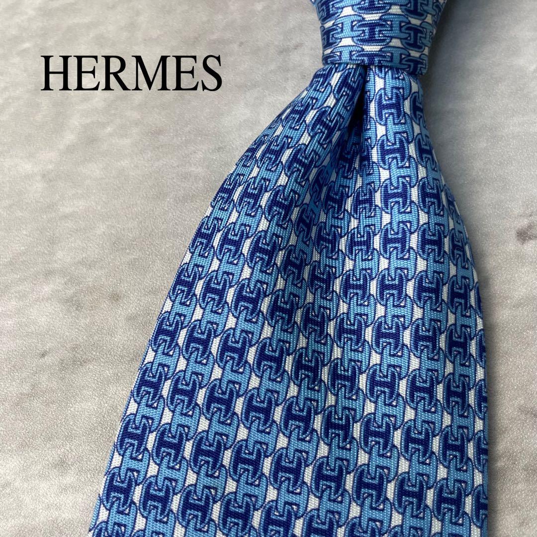 美品 HERMES エルメス H柄 総ロゴ ネクタイ ブルー 青 水色