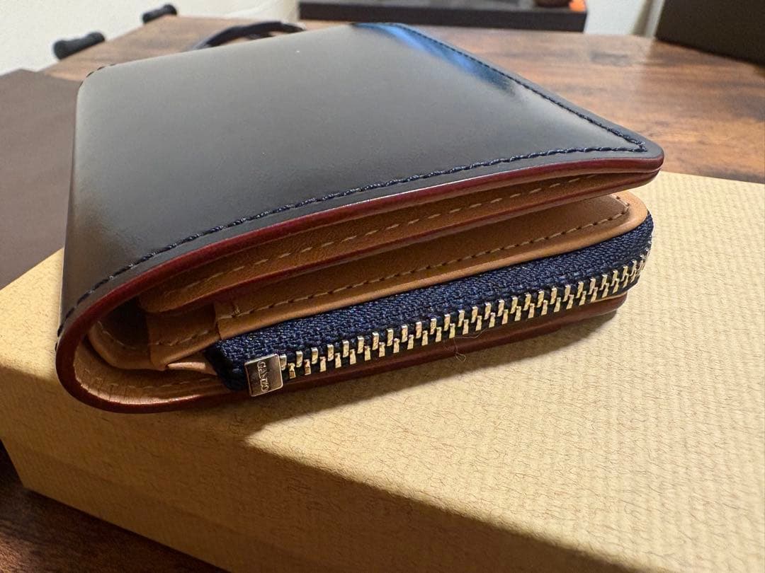GANZO ネイビー CORDOVAN (コードバン) Lファスナー二つ折り財布