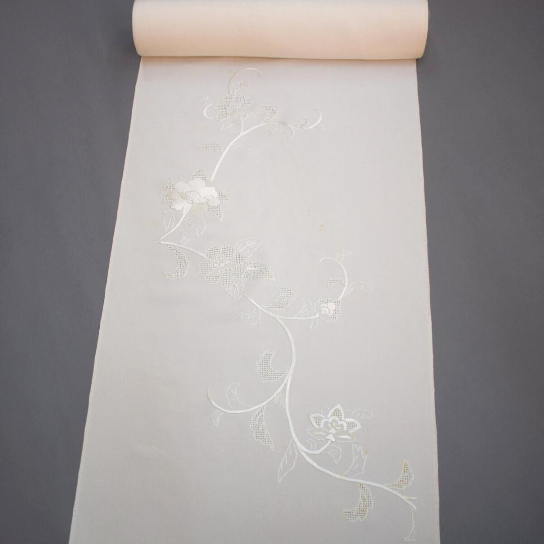 M02-1 新品保管品 正絹 中国汕頭刺繍 白生地 付下げ 着尺反物 唐花