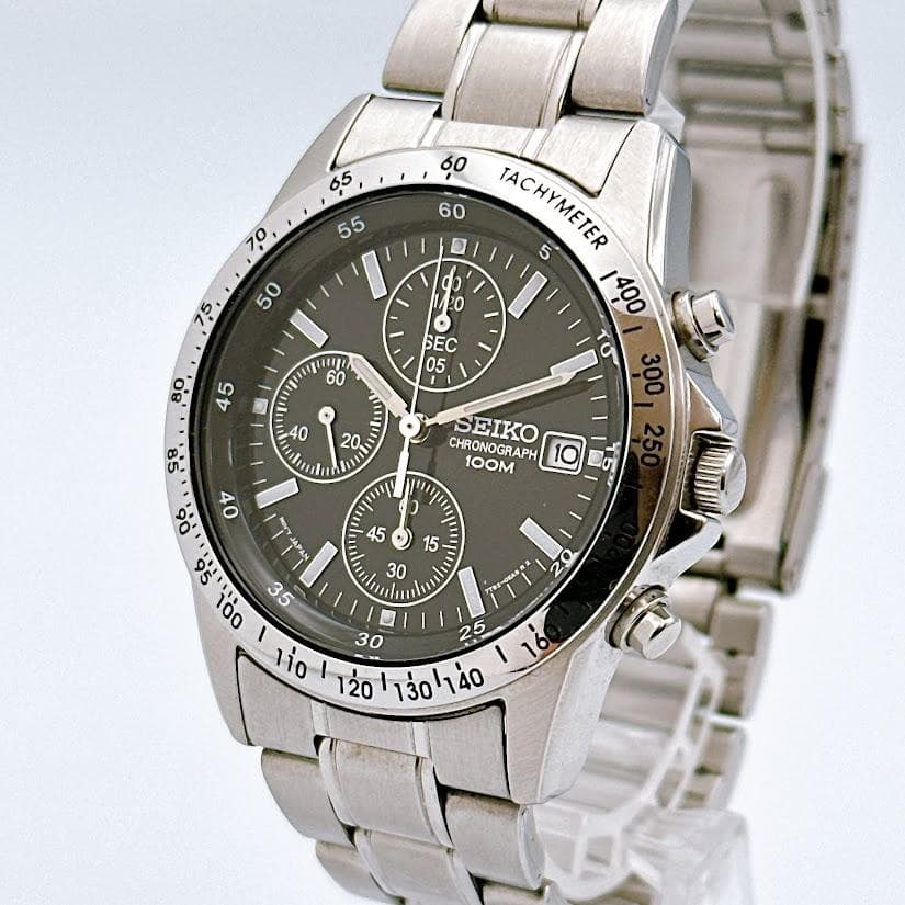 セイコー クロノグラフ メンズ腕時計 ブラック 7T92-0DW0 動作良好