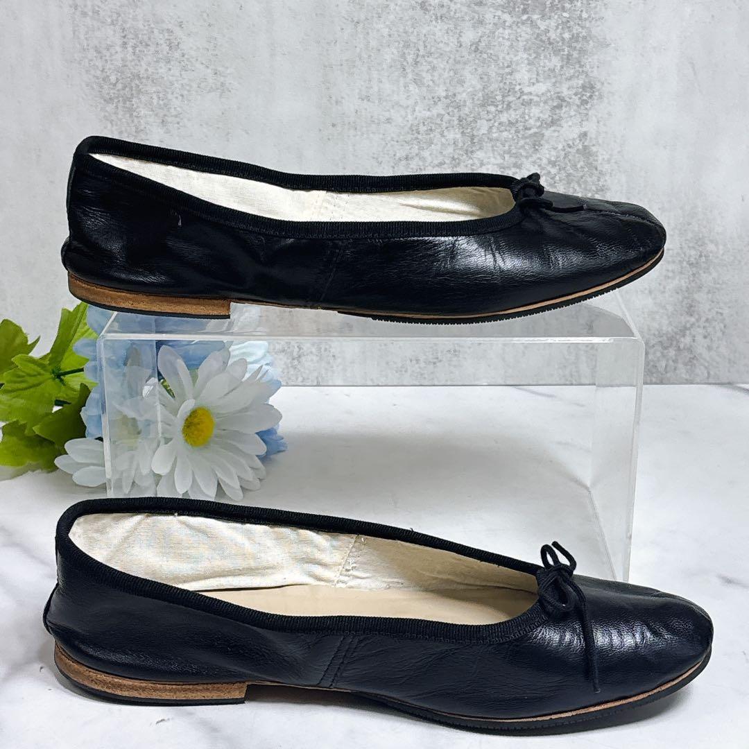 美品 ポルセリ A.P.C レザー バレエシューズ フラット ブラック リボン