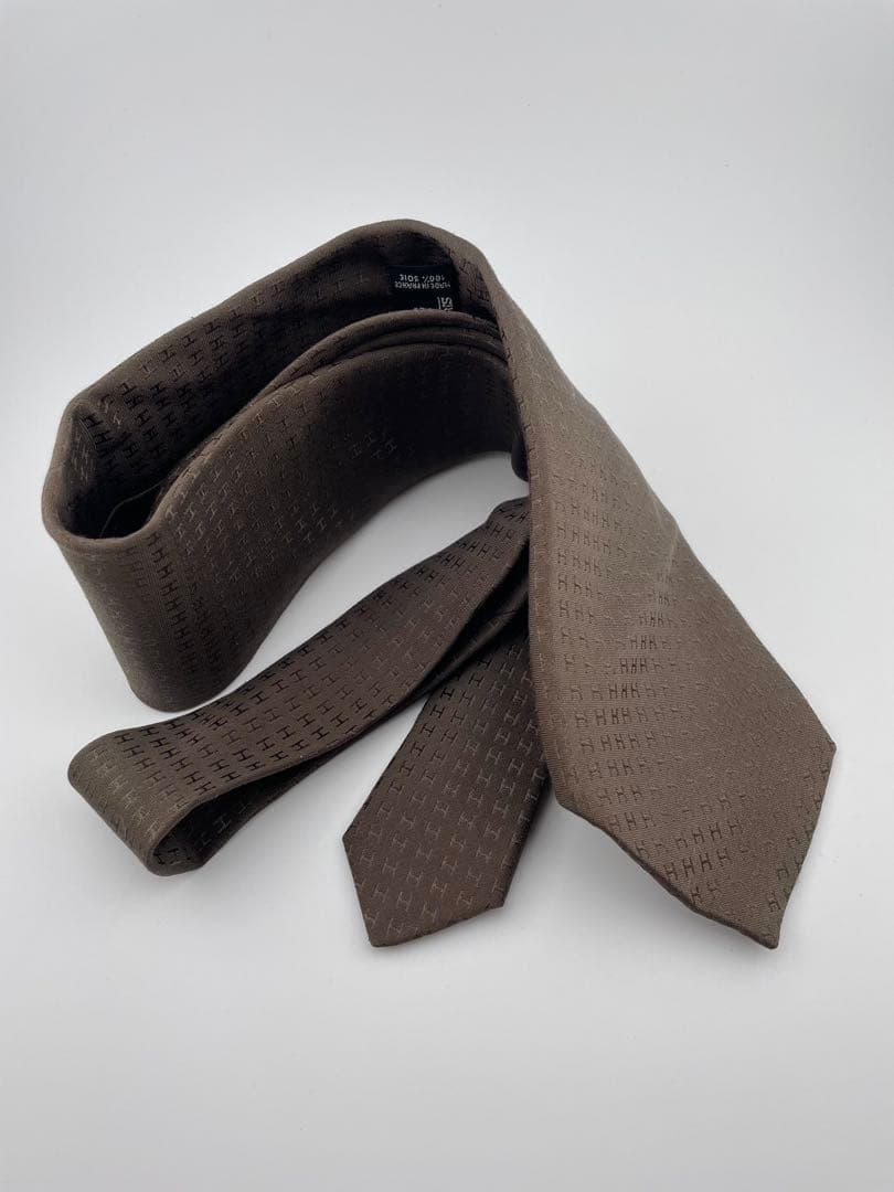 美品 エルメス ハイブランド ネクタイ H柄 ファソネ ブラウン カーキー