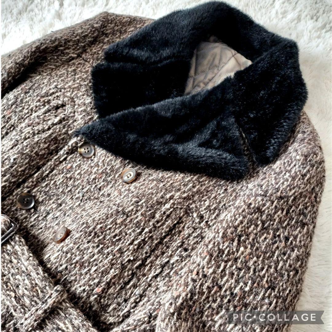 【美品】タケオキクチ 肉厚ツイード ギャングコート ダブル ファー 中綿 ベルト