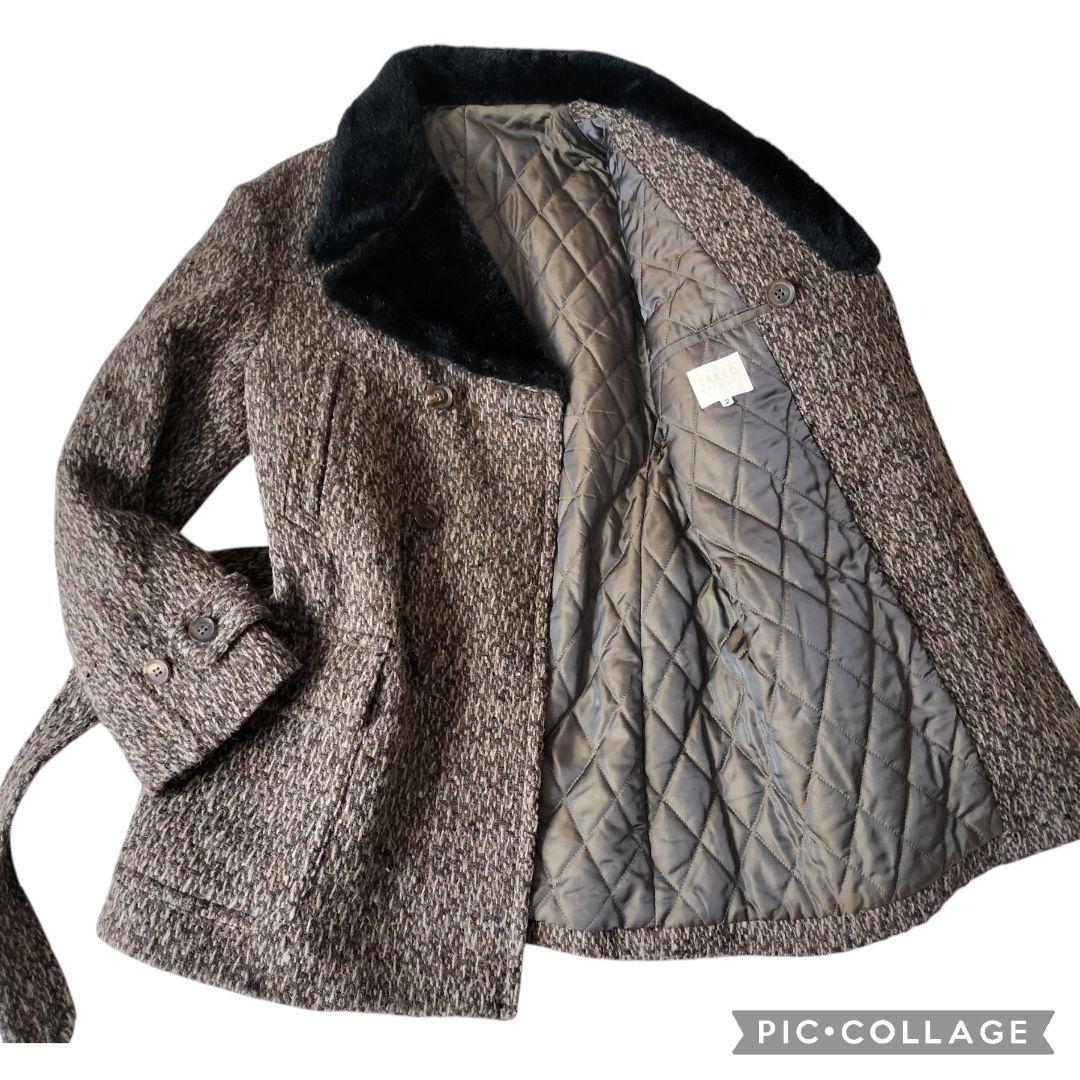 【美品】タケオキクチ 肉厚ツイード ギャングコート ダブル ファー 中綿 ベルト