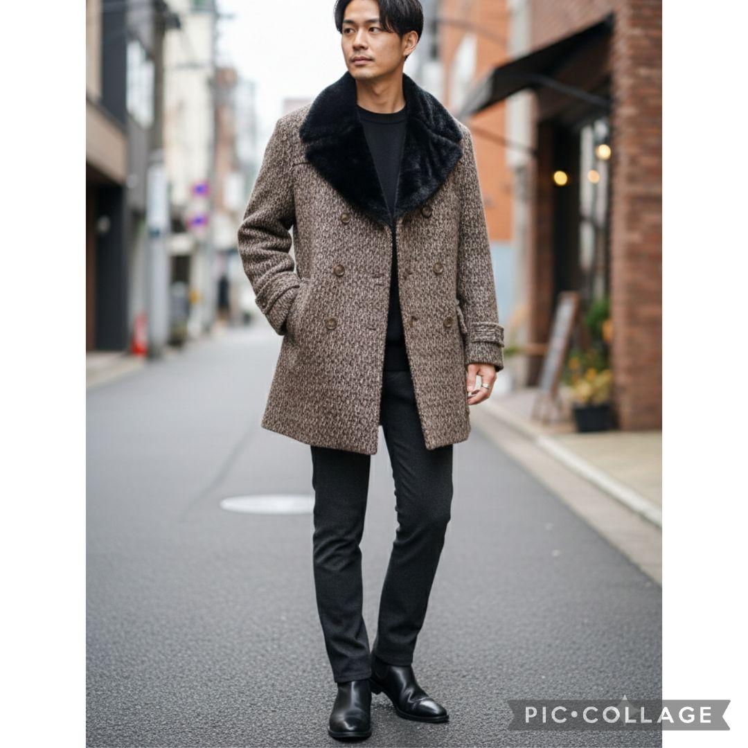 【美品】タケオキクチ 肉厚ツイード ギャングコート ダブル ファー 中綿 ベルト