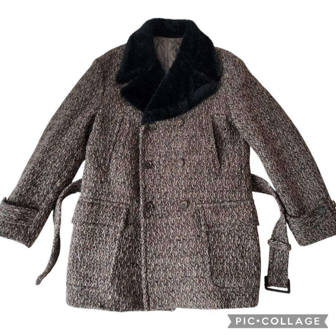 【美品】タケオキクチ 肉厚ツイード ギャングコート ダブル ファー 中綿 ベルト