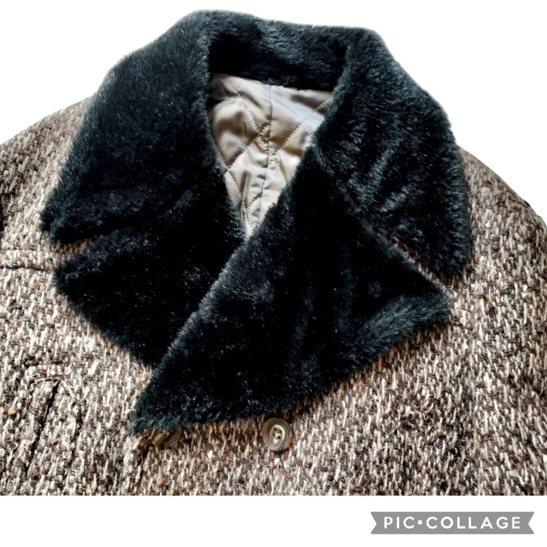 【美品】タケオキクチ 肉厚ツイード ギャングコート ダブル ファー 中綿 ベルト