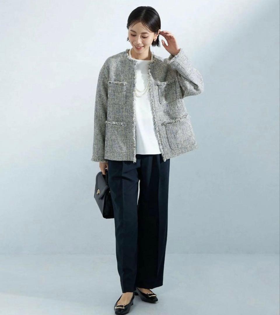 ミックスツイードライクポケットノーカラージャケット　グリーンレーベル　38 M