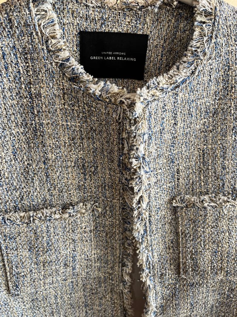 ミックスツイードライクポケットノーカラージャケット　グリーンレーベル　38 M