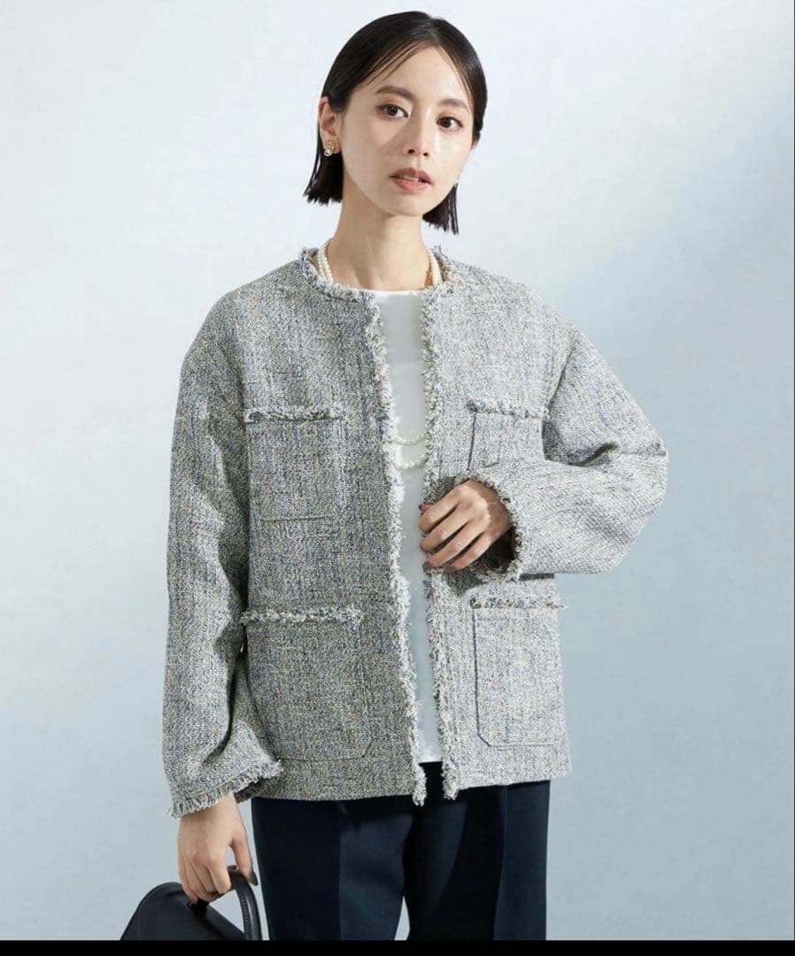 ミックスツイードライクポケットノーカラージャケット　グリーンレーベル　38 M