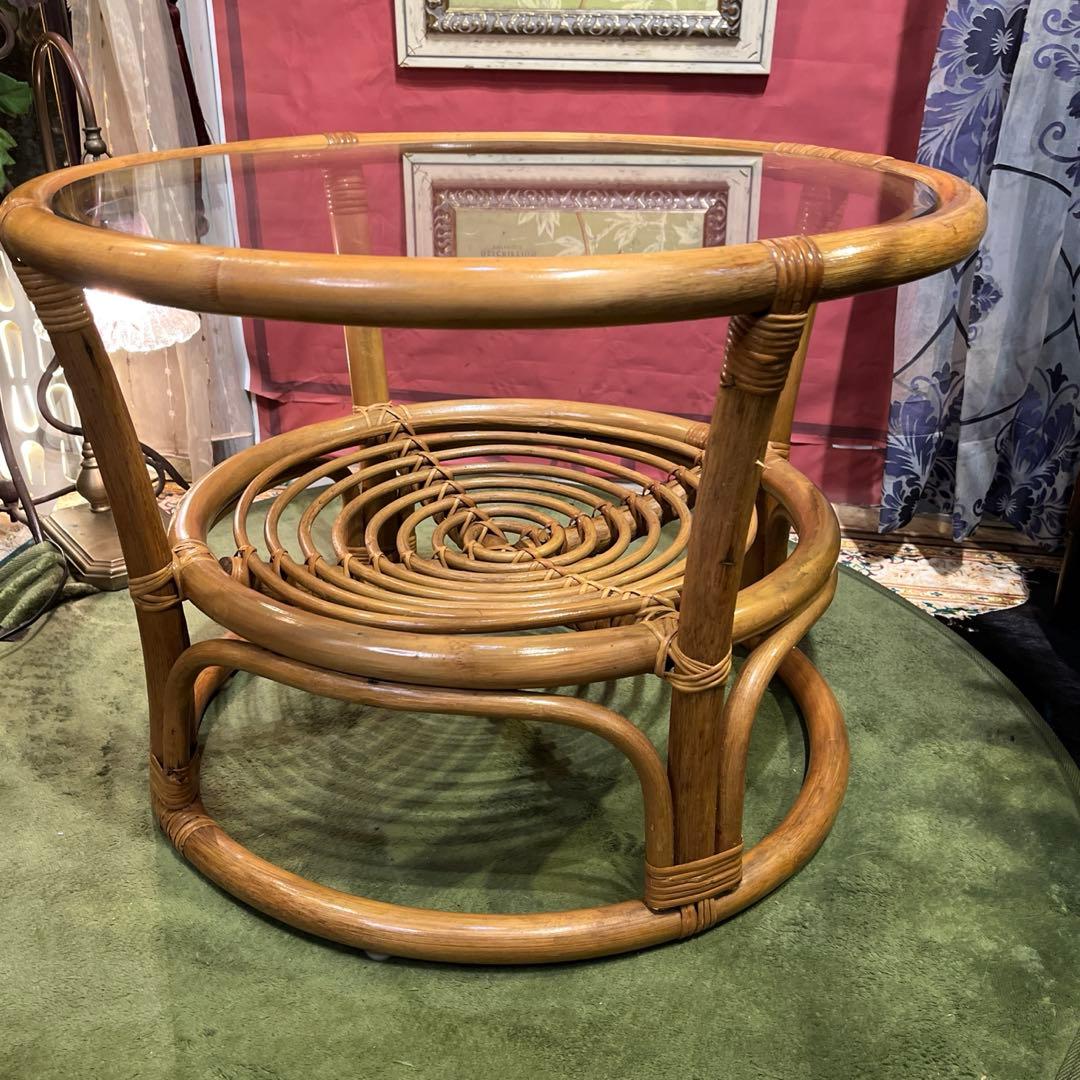 Sale ヴィンテージ ナチュラル　籐ラタンフレーム サイドテーブル 丸テーブル