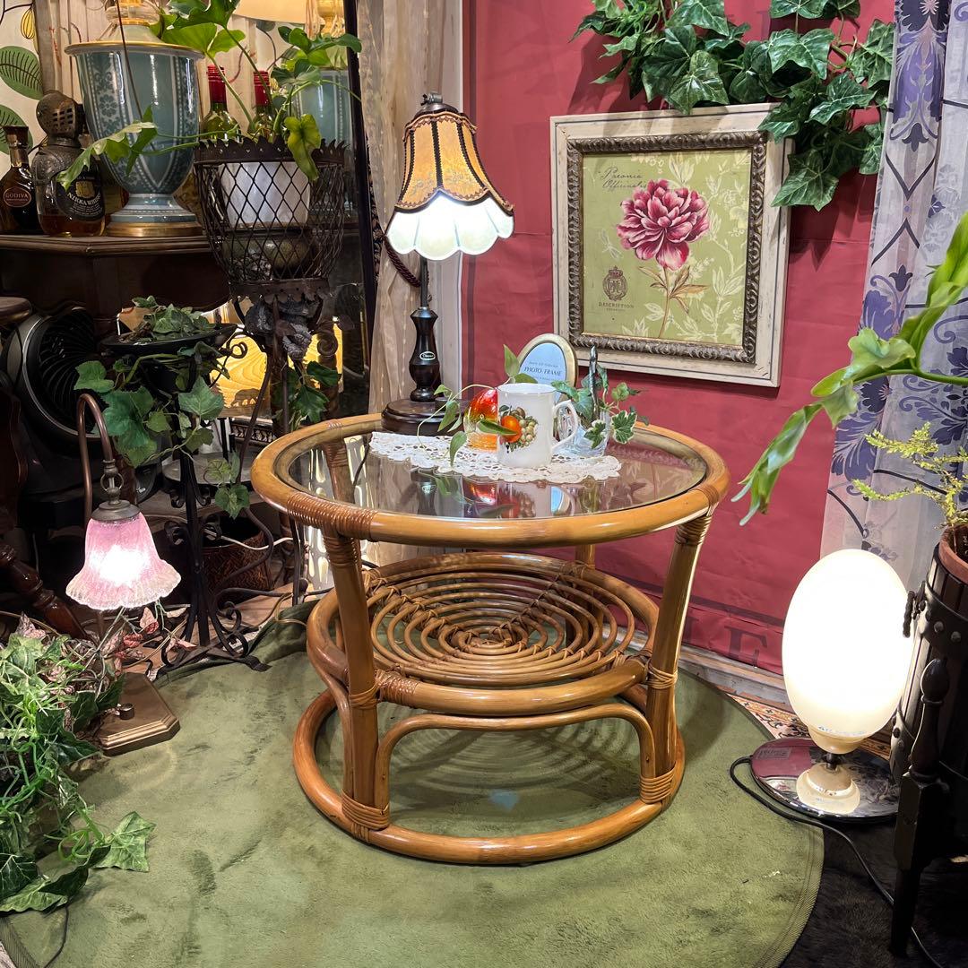 Sale ヴィンテージ ナチュラル　籐ラタンフレーム サイドテーブル 丸テーブル