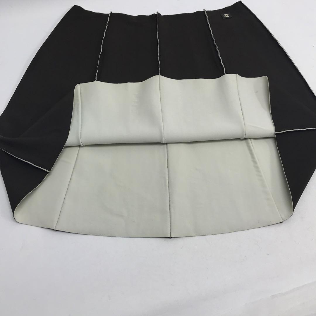 美品☆CHANEL スカート ミニ　プリーツ風　99P ヘム　茶x白　ココマーク