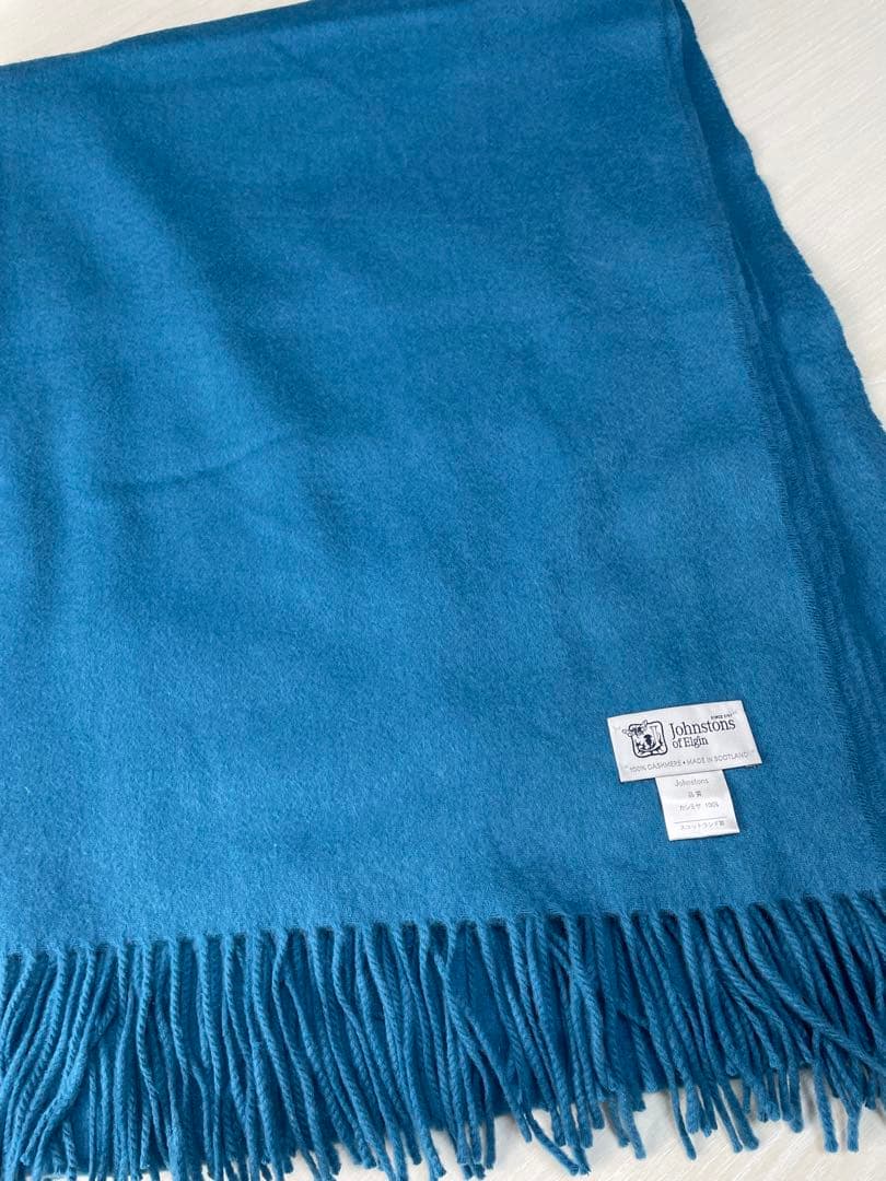 【極美品】ジョンストンズ　カシミアマフラー　大判ストール　無地　ブルー