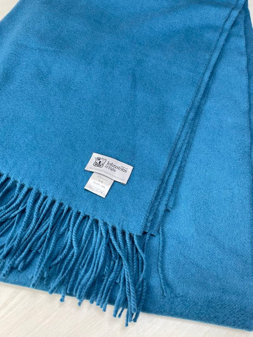 【極美品】ジョンストンズ　カシミアマフラー　大判ストール　無地　ブルー