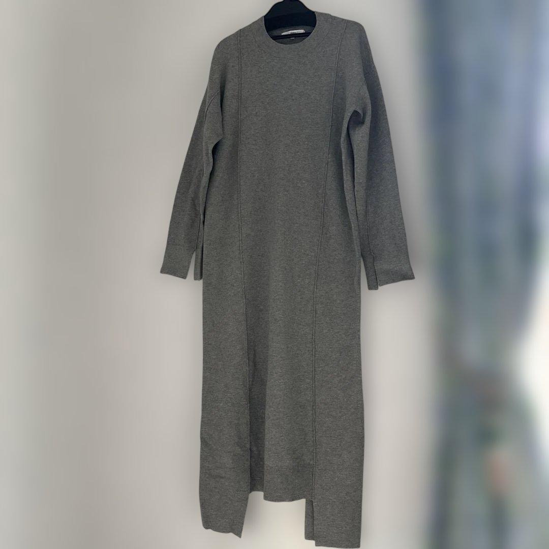 アンスリードグレー ニットロングワンピース 長袖 サイドスリット