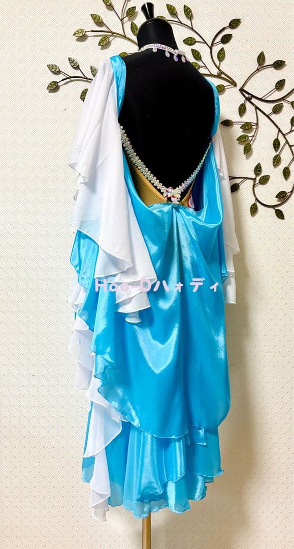 新品★ドレス★スムース★ルンバ★社交ダンス★ドレープ★競技会★デモ★アクアブルー