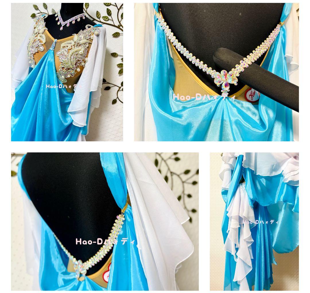 新品★ドレス★スムース★ルンバ★社交ダンス★ドレープ★競技会★デモ★アクアブルー