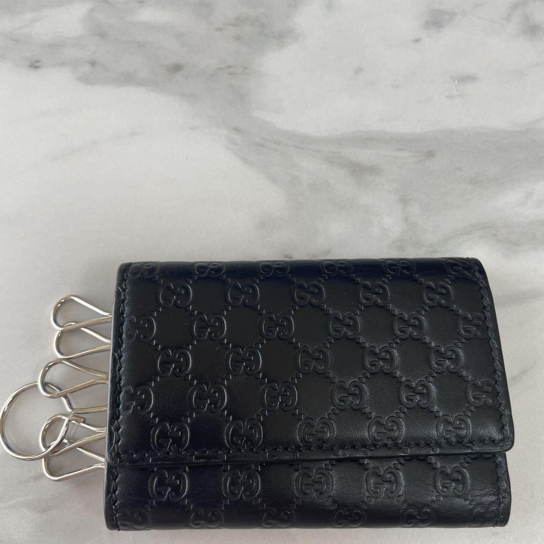 【美品】グッチ　キーケース6P レザー　シマ　ブラック