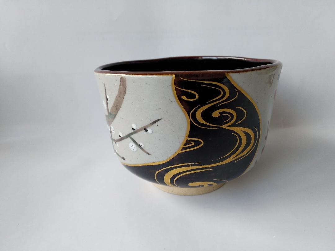 アサボン膳所焼淡海ぜぜ 陽炎園 岩崎新定 色絵 水と紅白梅 茶碗共箱 新品