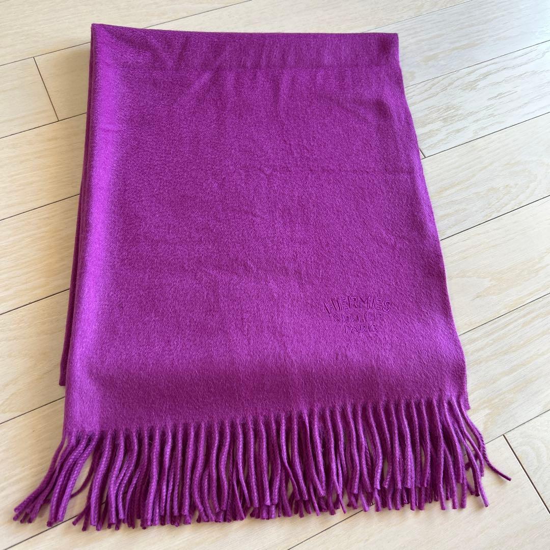 エルメス カシミヤ フリンジ 大判 ストール マフラー 紫