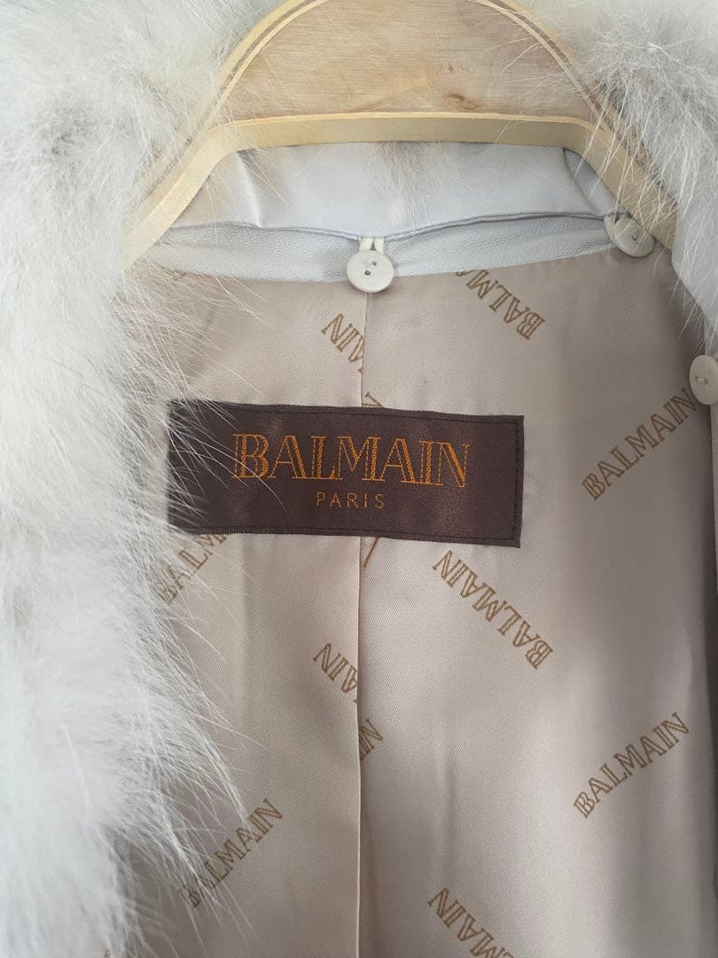 BALMAIN バルマン フォックスファー付 羊革 レザーコート 白 M