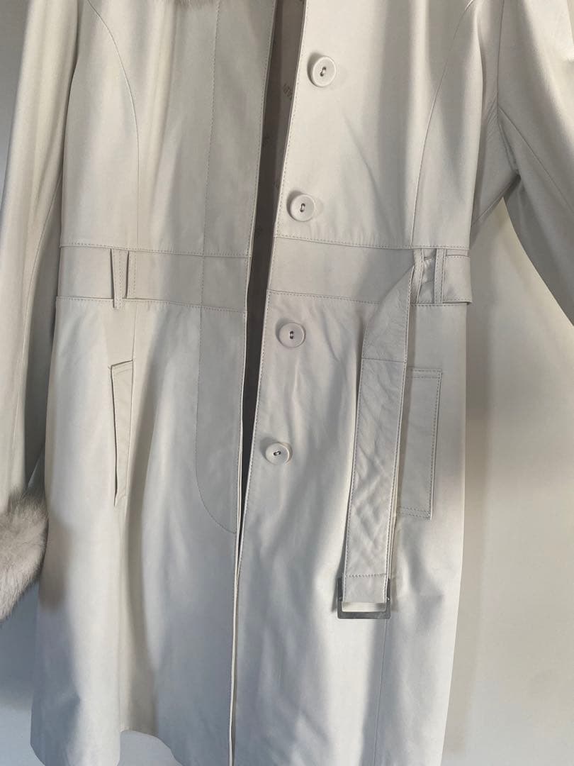 BALMAIN バルマン フォックスファー付 羊革 レザーコート 白 M