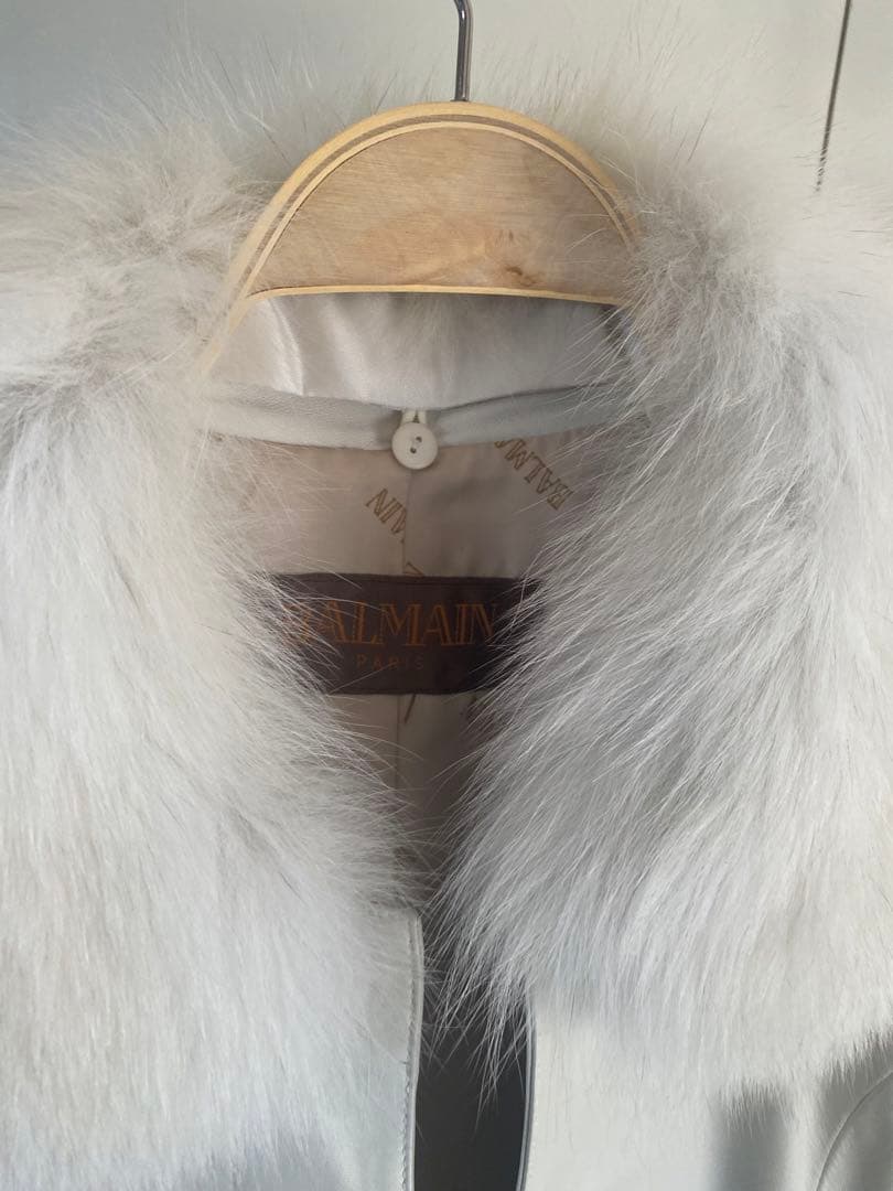 BALMAIN バルマン フォックスファー付 羊革 レザーコート 白 M