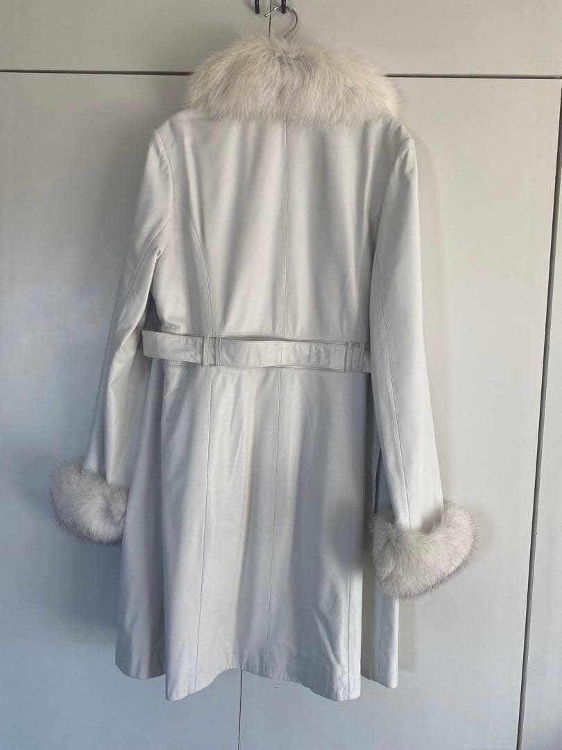 BALMAIN バルマン フォックスファー付 羊革 レザーコート 白 M