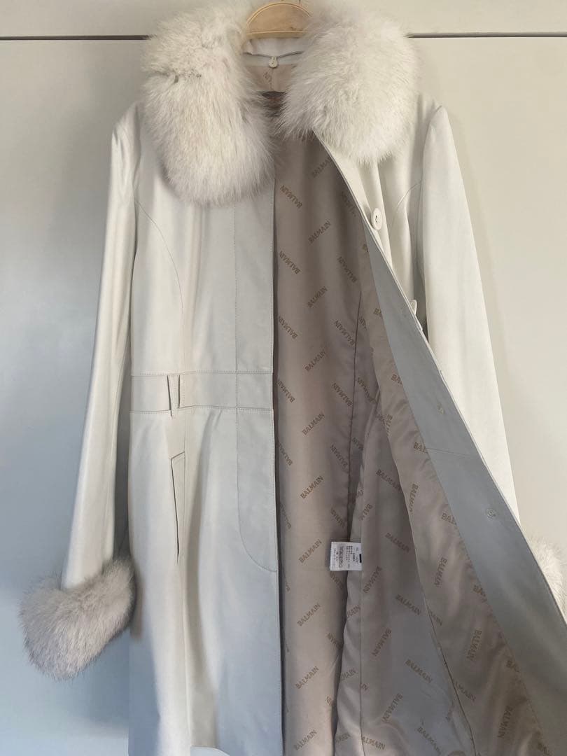BALMAIN バルマン フォックスファー付 羊革 レザーコート 白 M