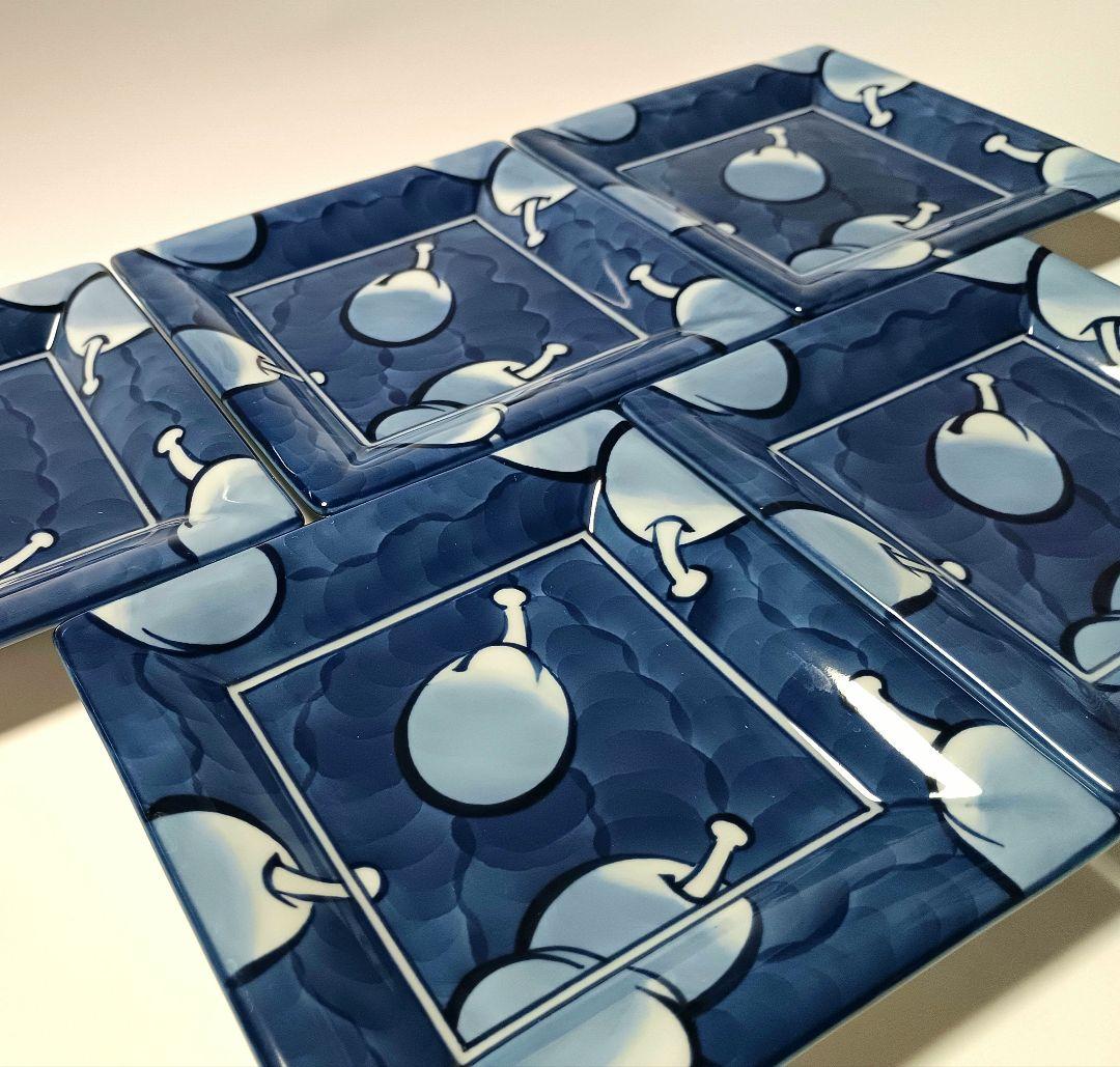 【未使用品】源右衛門窯 染濃 プルーン文 角皿 銘々皿 5枚組