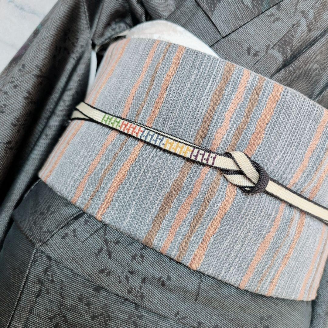 大島紬　紬　フルセット　小紋　着物　正絹　花　黒　おしゃれ　トールサイズ　O7